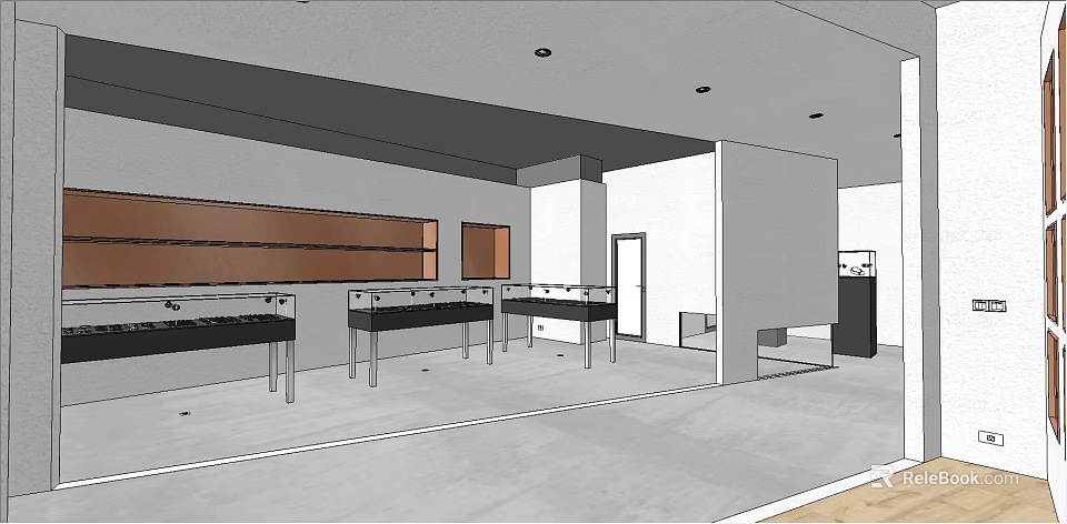 Modern Jewelry Store Interior With Glass Display Cases Wooden Shelves And Ceiling Lighting 3d model 