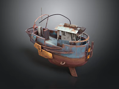 Rusty Old Metal Boat Model With Blue Brown Weathered Structure And Cabin Railings 3d model