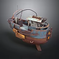 Rusty Old Metal Boat Model With Blue Brown Weathered Structure And Cabin Railings