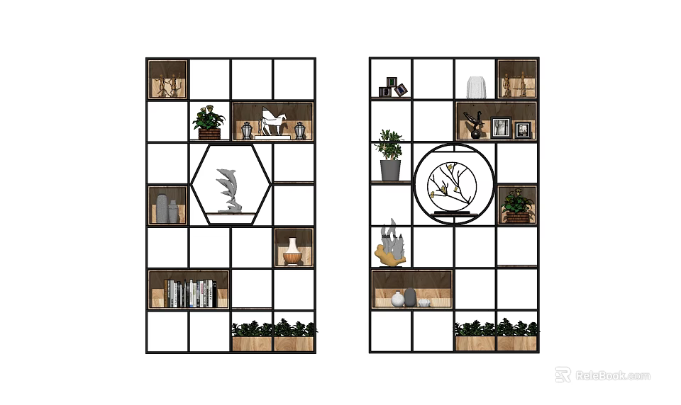 Stylish Modern Grid Bookcase with Books Decorative Items and Green Plants 3d model 