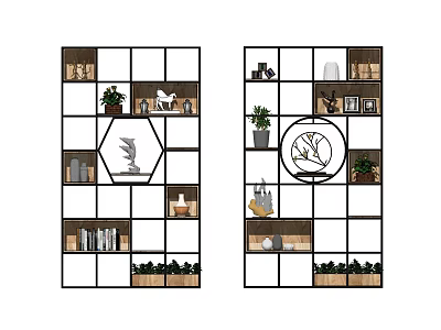 Stylish Modern Grid Bookcase with Books Decorative Items and Green Plants 3d model