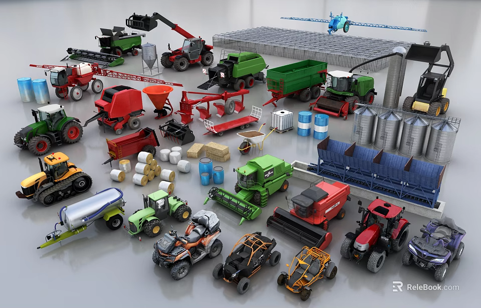 Diverse Utility Vehicles With Tractors Harvesters Cranes Tankers And Storage Tanks 3d model 