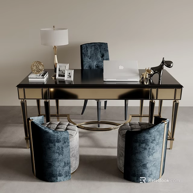 Modern Black Desk with Laptop Books Lamp Photo Frame Navy Blue Chairs and Stools 3d model 