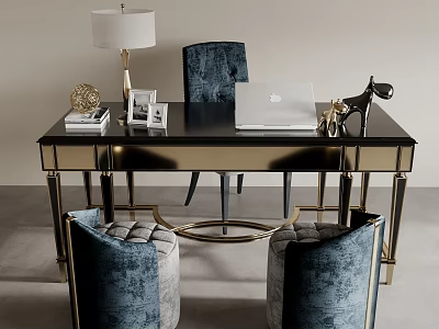 Modern Black Desk with Laptop Books Lamp Photo Frame Navy Blue Chairs and Stools 3d model