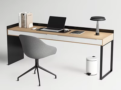 Modern Wooden Desk With Laptop Books Lamp Gray Chair And Black Legs 3d model