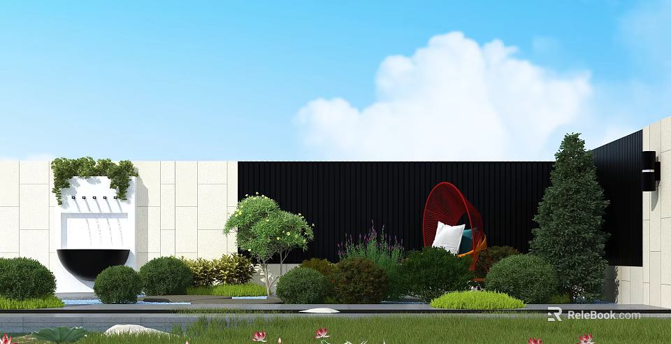 Modern Garden Landscape With White And Black Walls Red Lounge Chair Green Plants And Lawn 3d model 