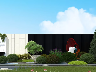 Modern Garden Landscape With White And Black Walls Red Lounge Chair Green Plants And Lawn 3d model