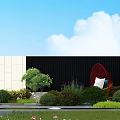 Modern Garden Landscape With White And Black Walls Red Lounge Chair Green Plants And Lawn