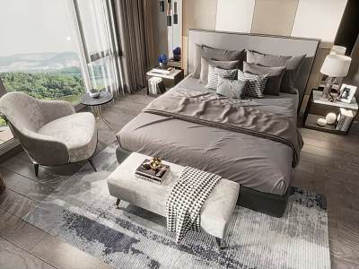 Modern Bedroom With Double Bed Gray Bedding Multiple Pillows Armchair And Scenic View 3d model