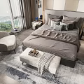 Modern Bedroom With Double Bed Gray Bedding Multiple Pillows Armchair And Scenic View