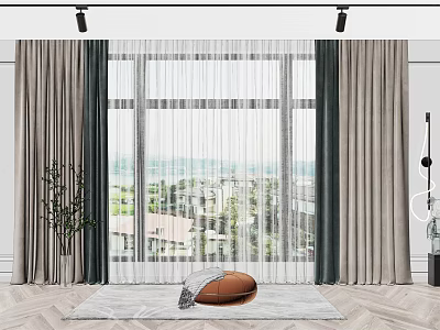 Layered Sheer and Solid Curtains in Neutral Tones for Living Room Window City View 3d model