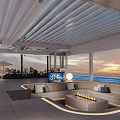 Modern Outdoor Terrace With Sunset Sky Palm Tree Umbrella And Ocean View