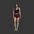 Stylish Woman In Black Tank Top Red Plaid Shorts Against Gray Background With High Heels