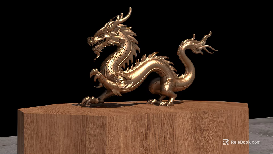 Elegant Golden Dragon Shaped Landscape Sculpture With Wooden Base Decorative Art 3d model 