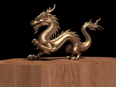 Elegant Golden Dragon Shaped Landscape Sculpture With Wooden Base Decorative Art 3d model
