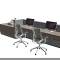 Modern Front Reception Desk With Two Office Chairs Computers Wooden Countertop Concrete Structure 3d model