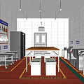 Commercial Kitchen Interior With White Tile Walls Red Floor Stainless Steel Worktables And Hanging Lights