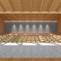 Spacious Auditorium Interior With Wooden Ceiling Stage Large Screen Arched Windows And Seats