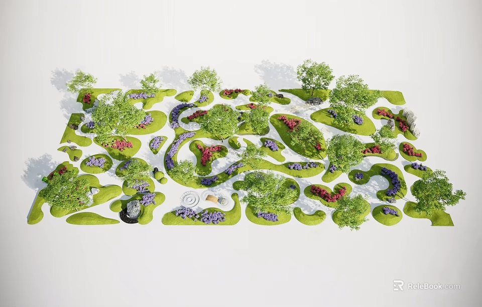 Green Garden Landscape Design With Winding Paths Colorful Flower Beds And Seating Areas 3d model 