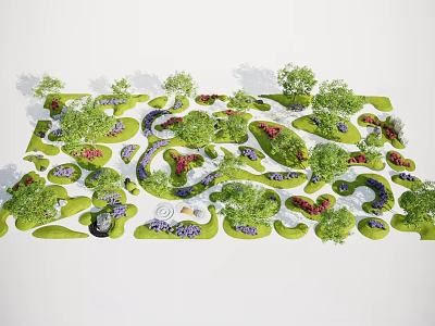 Green Garden Landscape Design With Winding Paths Colorful Flower Beds And Seating Areas 3d model