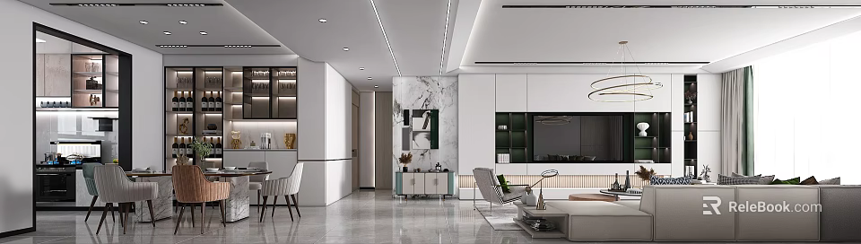 Modern Living Dining Room Interior Design With Marble Wall Sofa Dining Table And Chairs 3d model