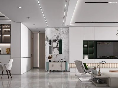 Modern Living Dining Room Interior Design With Marble Wall Sofa Dining Table And Chairs 3d model