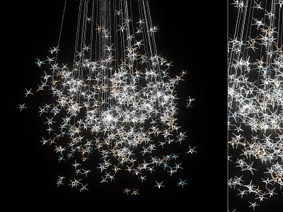 Star Shaped Decorative Chandelier with Multiple Hanging Lights Gold Blue Accents Black Background 3d model