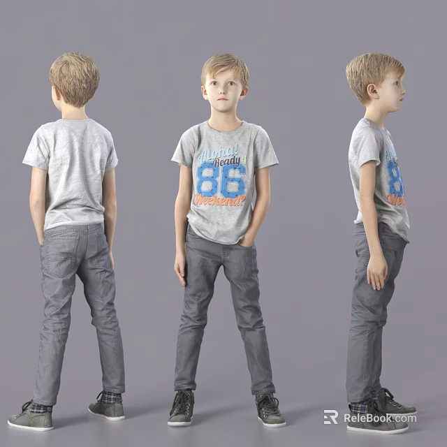 Boy Wearing Gray T-Shirt and Pants with 86 Design in Three Different Views 3d model 