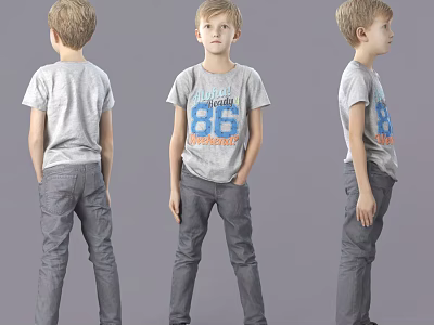Boy Wearing Gray T-Shirt and Pants with 86 Design in Three Different Views 3d model