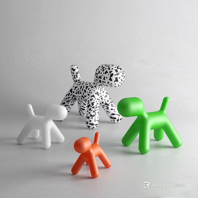 Colorful Dog Shaped Dolls With White Orange Green And Spotted Modern Design On Gray Background 3d model 
