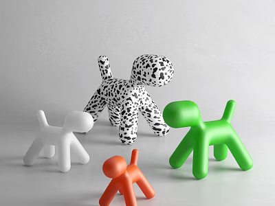 Colorful Dog Shaped Dolls With White Orange Green And Spotted Modern Design On Gray Background 3d model