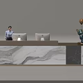 Modern Front Desk Reception Area With Marble Counter Computers And Decorative Sculpture 3d model