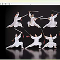 Men In White Outfits Practicing Sword Martial Arts With Various Poses On Black Background