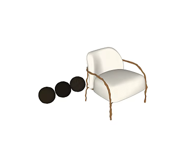 White Single Sofa With Brown Rattan Armrests And Three Black Round Pillows 3d model