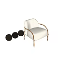 White Single Sofa With Brown Rattan Armrests And Three Black Round Pillows