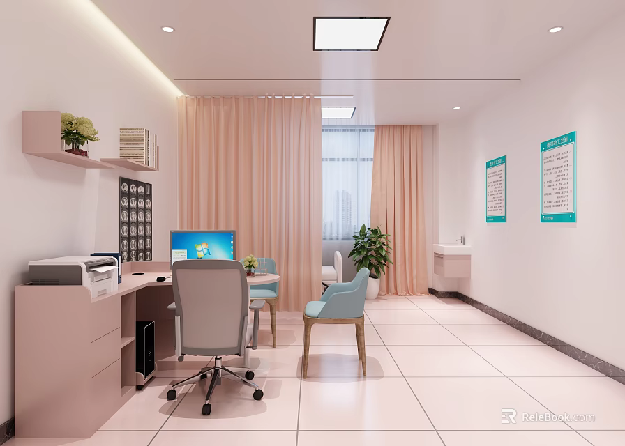 Light Colored Medical Reception Interior With White Walls Desk Computer And Green Plants 3d model 