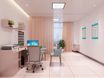 Light Colored Medical Reception Interior With White Walls Desk Computer And Green Plants 3d model
