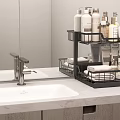 Black Bathroom Shelf With Toiletries And Towels On White Marble Countertop