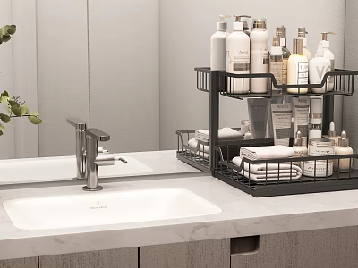 Black Bathroom Shelf With Toiletries And Towels On White Marble Countertop 3d model