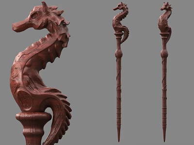 Hand Carved Wooden Seahorse Decorative Poles and Figurine for Home Decor Items 3d model