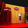 Singapore Themed Photo Spot With Red Telephone Booth Vintage Clock Stacked Boxes And Yellow Red Curtains