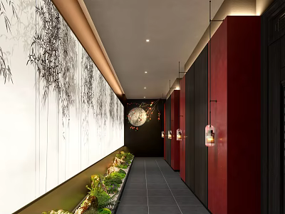 Traditional Chinese Elevator Hallway With Bamboo Wall Art Red Walls Hanging Lanterns And Green Plants 3d model