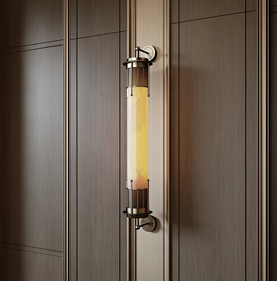 Contemporary Cylindrical Wall Light With Metal Frame And Warm Yellow Glow On Wooden Wall 3d model
