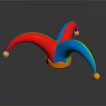 Colorful Pointed Jester Hat With Red Blue Green Points Yellow Pom Poms And Orange Brim