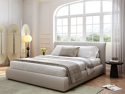 Modern Double Bed Bedroom With Large Window Wooden Floor Rug And Table Lamp 3d model