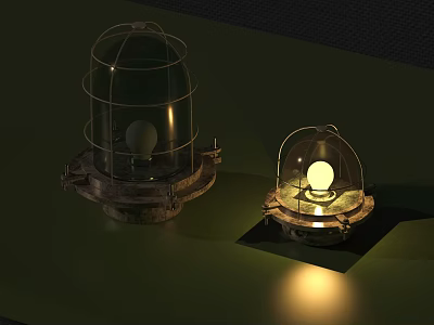 Two Vintage Table Lamps With Metal Cage Shades One Illuminated Light Bulb 3d model