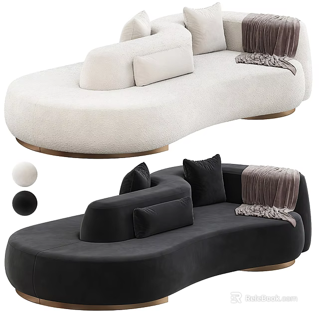 Modern Sectional Sofa White and Black Plush Fabric Curved Design with Cushions Golden Legs 3d model 