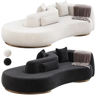 Modern Sectional Sofa White and Black Plush Fabric Curved Design with Cushions Golden Legs 3d model