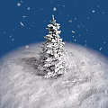 Snow Covered Pine Tree In Winter Scene With Falling Snowflakes And Deep Blue Sky
