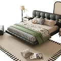 Elegant Double Bed With Black Leather Headboard Striped Bedspread Green Throw Pillows Nightstands And Table Lamps